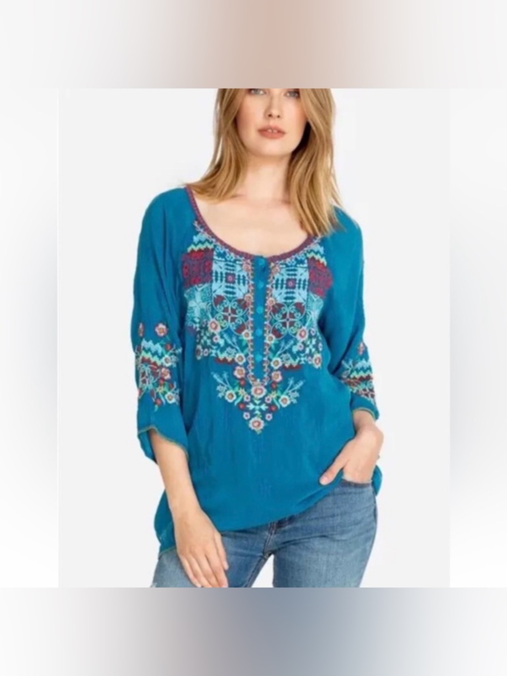 Johnny Was Turquoise Muna Embroidered Tunic Blouse Size XS